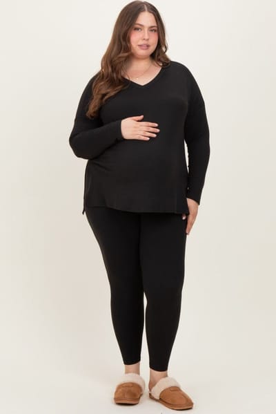 PinkBlush Black Brushed Knit Oversized Top and Legging Maternity Plus Set