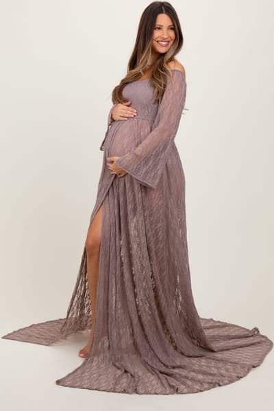 Rhea + Thea Mocha Lace Off Shoulder Maternity Photoshoot Gown/Dress