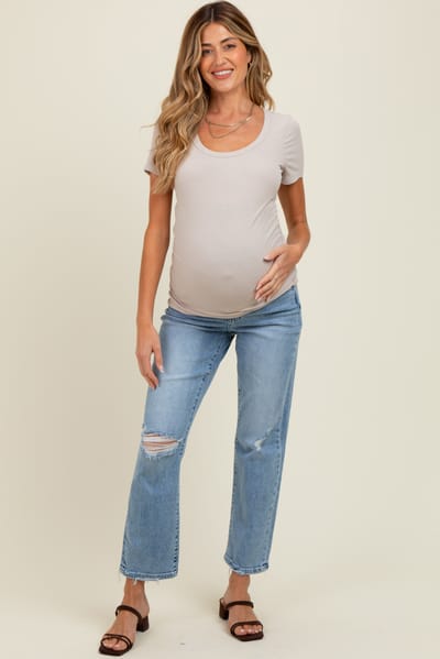 PinkBlush Light Blue Distressed Open Knee Ankle Straight Leg Maternity Jeans