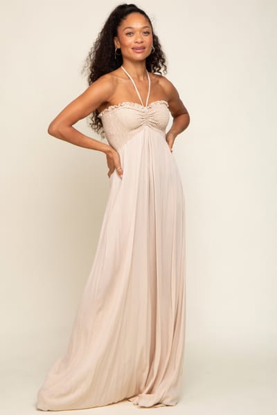 Cameo Beige Smocked Halter Maxi Dress