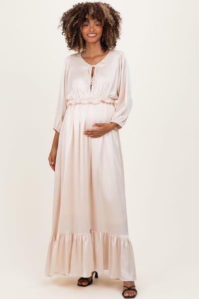 PinkBlush Beige Solid Satin Long Sleeve Open V-Neck Ruffle Waist Tiered Maternity Maxi Dress