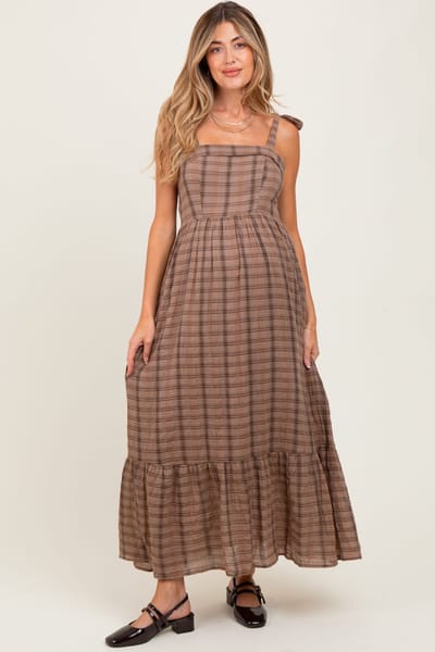 PinkBlush Mocha Plaid Sleeveless Cotton Maternity Maxi Dress