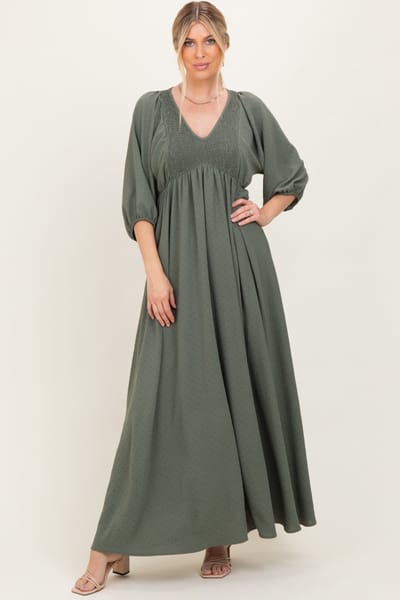 Rhea + Thea Olive Solid 3/4 Sleeve Smocked Top V-Neck Maxi Dress