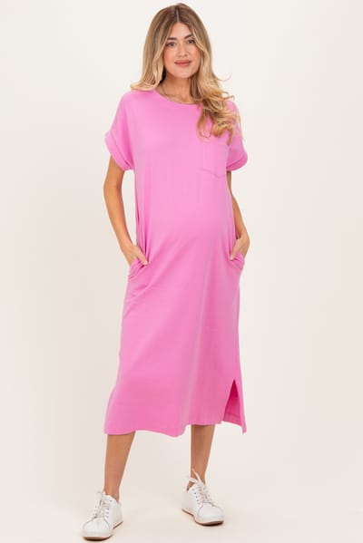 PinkBlush Pink Pocket Front Maternity Midi T-Shirt Dress