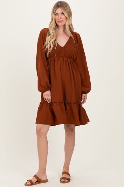 Rhea + Thea Brown Long Sleeve V-Neck Tiered Midi Dress