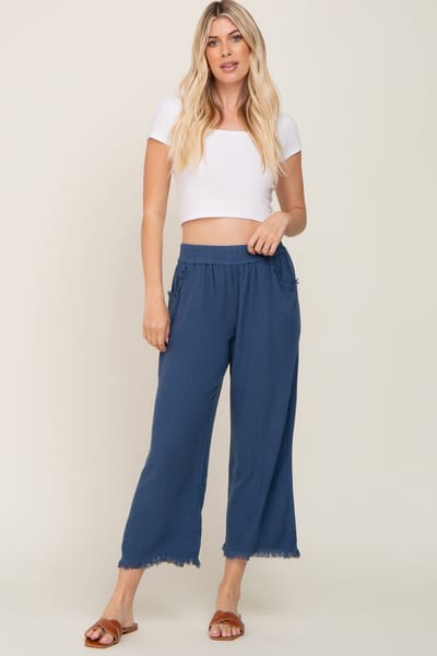 Umgee Navy Linen Frayed Hem Crop Pants