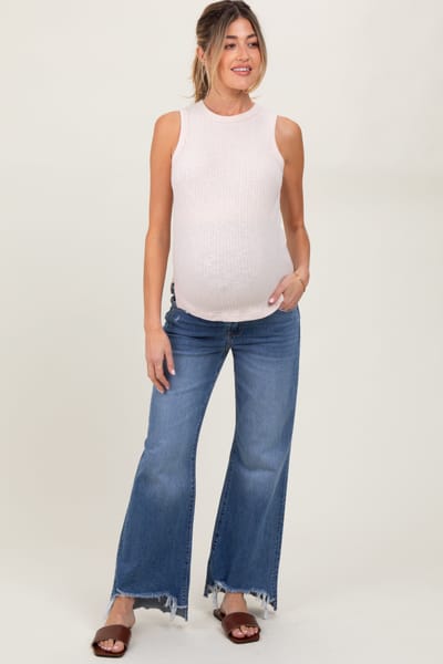 Kan Can USA Blue Distressed Fringe Hi-Lo Hem Cropped Flare Maternity Jeans