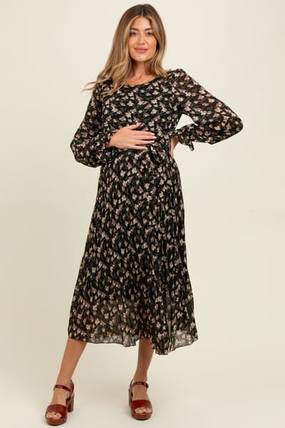 Polagram Black Floral Chiffon Long Sleeve Pleated Maternity Midi Dress