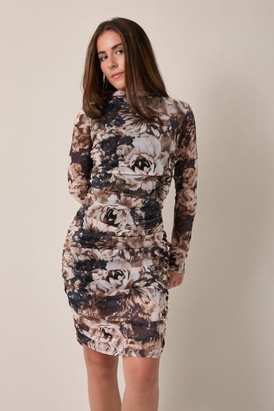Gilli Brown Floral Mesh Overlay Ruched Dress