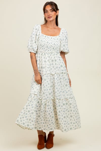 Million Colors Blue Floral Smocked Ruffle Tiered Maxi Dress