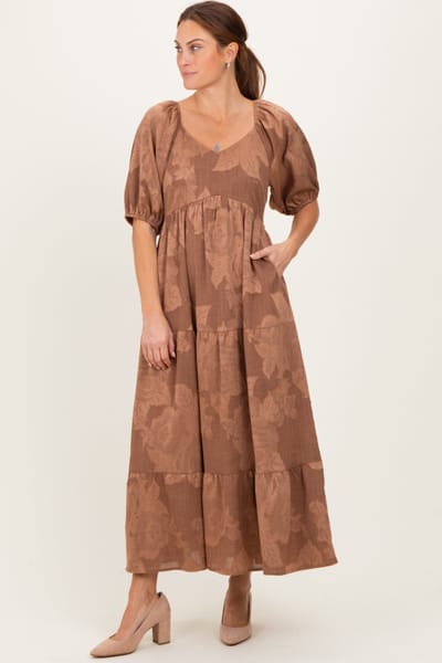 Polagram Brown Floral Textured Tiered Midi Dress