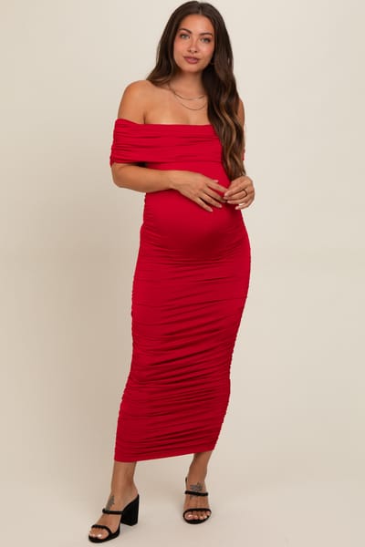 PinkBlush Red Off Shoulder Ruched Maternity Midi Dress