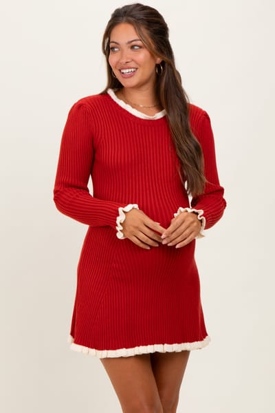 So Me Red Ribbed Knit Contrast Ruffle Trim Maternity Mini Dress