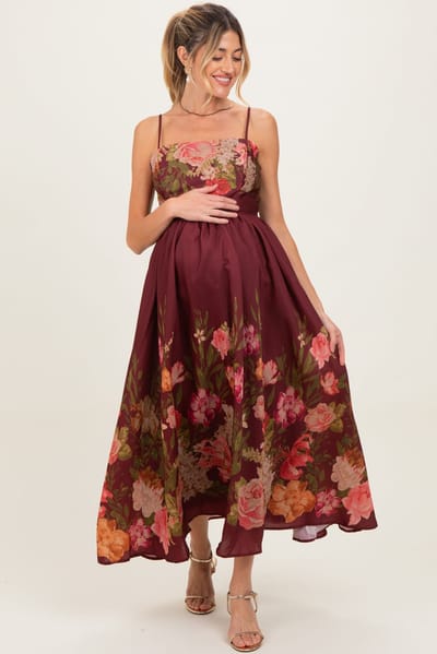 PinkBlush Burgundy Floral Thin Strap Maternity Maxi Dress