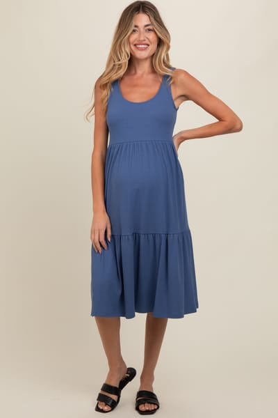 PinkBlush Blue Tiered Sleeveless Maternity Midi Dress