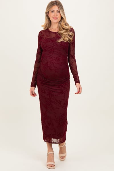 Blue S Burgundy Floral Flocked Mesh Long Sleeve Maternity Midi Dress