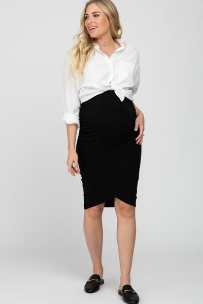 Hello Miz Black Ruched Maternity Wrap Pencil Skirt