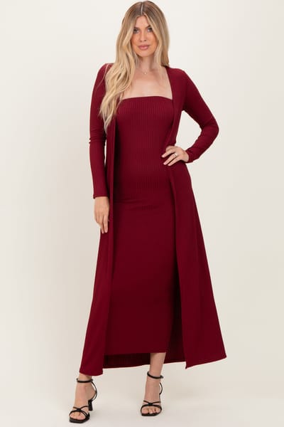 Rhea + Thea Burgundy Ribbed Sleeveless Dress Cardigan Set