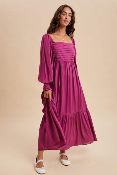 In Loom Magenta Pleated Bodice Long Sleeve Maxi Dress