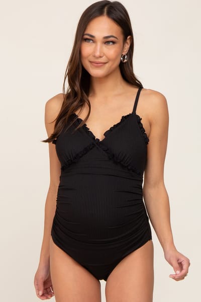 Charmo Black Ribbed Ruffle Ruched Maternity One Piece Swimsuit