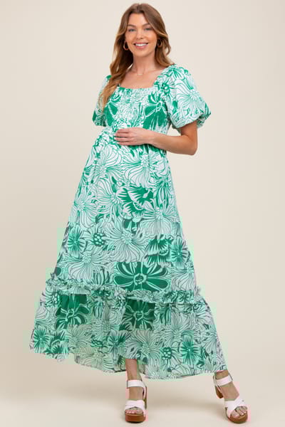 Jodifl Green Floral Print Smocked Bodice Maternity Maxi Dress