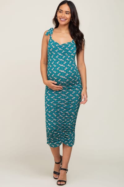 PinkBlush Teal Floral Ruched Shoulder Tie Maternity Dress