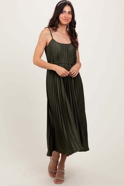 Rosevelvet Olive Pleated Sash Tie Midi Dress