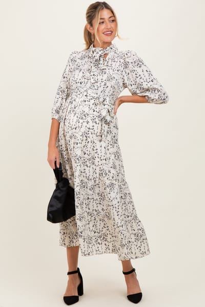 PinkBlush Cream Floral Neck Tie Maternity Midi Dress