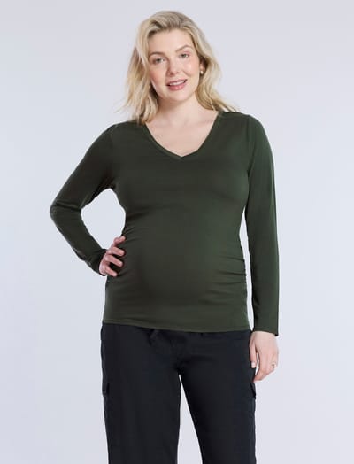 Motherhood Maternity Side Ruched Long Sleeve V-Neck Maternity Tee