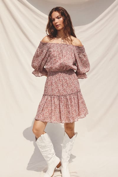 Dress Forum Mauve Floral Off-The-Shoulder Smocked Dress
