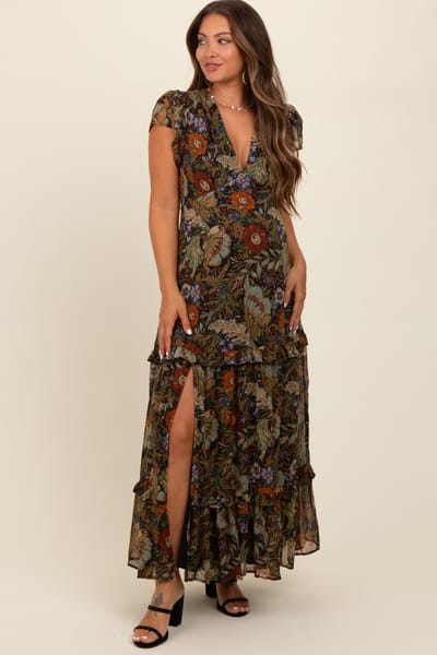 BaeVely Black Floral Deep V-Neck Tiered Maternity Maxi Dress