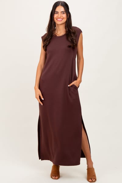 Entro Brown Sleeveless Side Slit Midi Dress