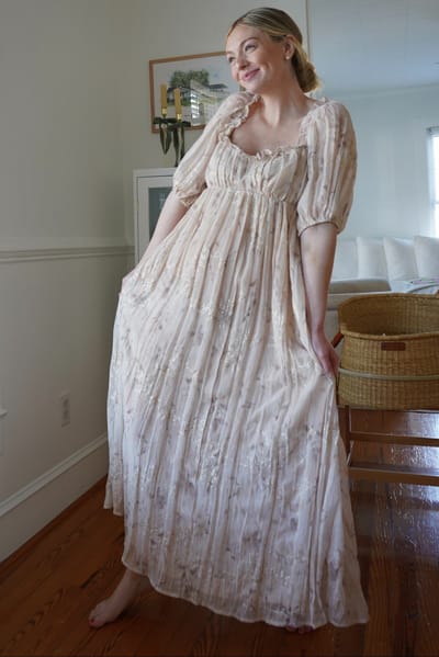 Storia Cream Floral Chiffon Embroidered Ruffle Trim Maxi Dress