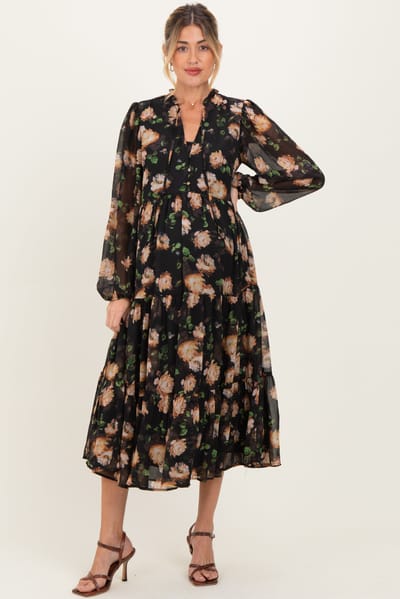 In February Black Multi Floral Tiered Button Down Maternity Maxi Dress