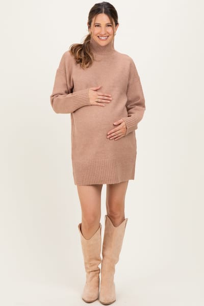 Hyfve Taupe High Neck Sweater Maternity Mini Dress