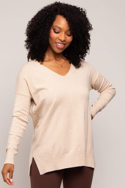 Zenana Outfitters Beige Long Sleeve Side Slit Sweater