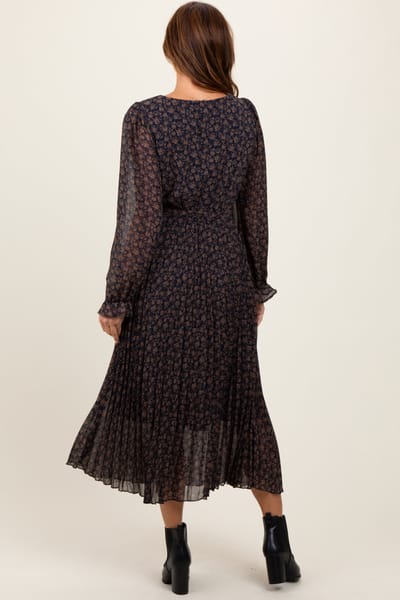 Polagram Navy Blue Floral Front Tie Pleated Midi Dress