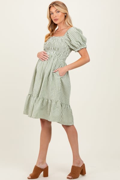 PinkBlush Light Olive Gingham Smocked Puff Sleeve Maternity Dress