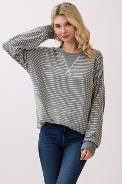7th Ray Olive Striped Crew Neck Pullover Top