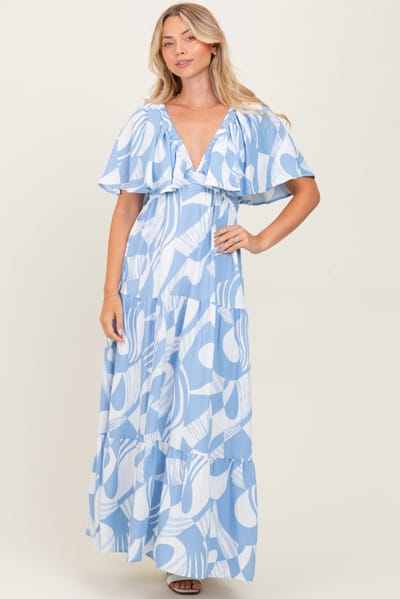 lala von Blue Sleeveless Smocked Back Printed Maxi Dress