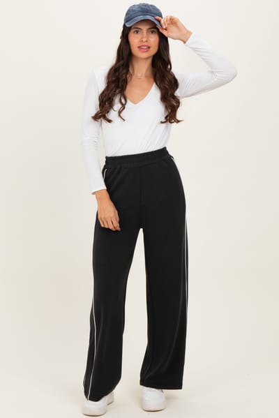 Kimberly C Black Striped Wide Leg Track Pants