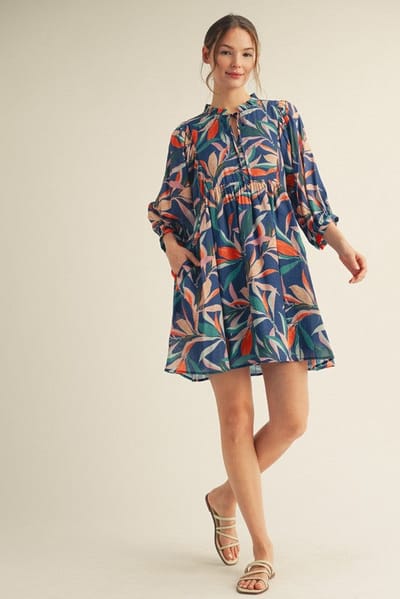 Jodifl Navy Leaf Print Front Tie 3/4 Sleeve Dress