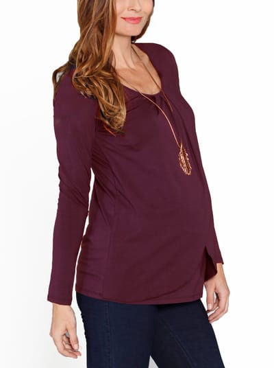 Angel Maternity Petal Front Long Sleeve Nursing Top - Deep Plum