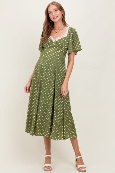 In Loom Olive Polka Dot Lace Trim Maternity Maxi Dress