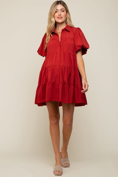 PinkBlush Rust Puff Sleeve Maternity Mini Shirt Dress