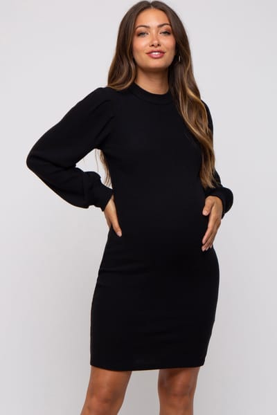 PinkBlush Black Ribbed Long Sleeve Mock Neck Maternity Dress