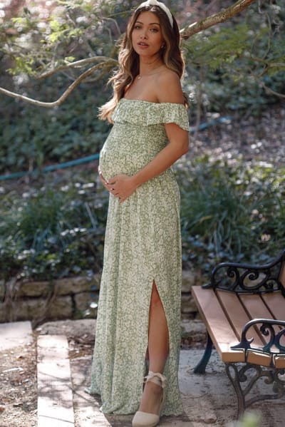 Promesa Green Floral Ruffle Off Shoulder Maternity Maxi Dress