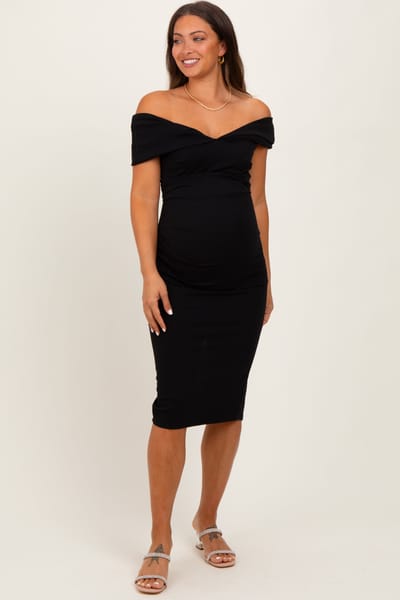 Blue S Black Off Shoulder Fitted Maternity Midi Dress