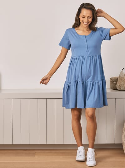 Angel Maternity Lana Maternity Tiered Dress in Blue
