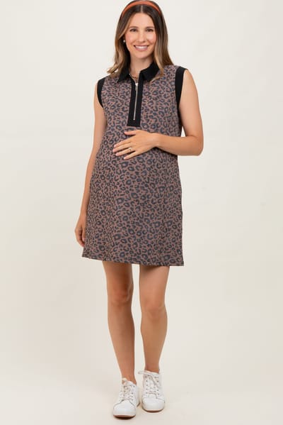 PinkBlush Brown Animal Print Front Zip Sleeveless Maternity Dress